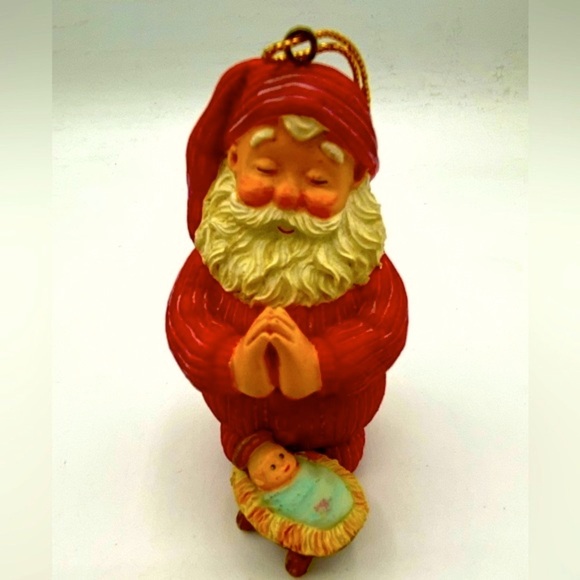 Vintage Giordano Art Kneeling Santa In Red Stripped PJs Kneeling by Baby Jesus - Picture 7 of 7